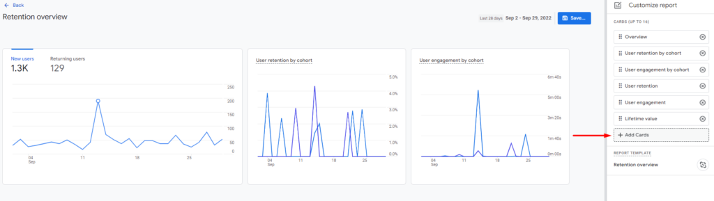 Google Analytics 4 reporting interface with a red arrow pointing to how to add a card to a report.