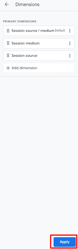 Google Analytics 4 reporting interface with red box around a blue button that reads Apply.