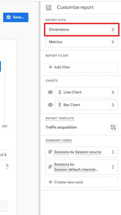 Google Analytics 4 reporting interface with red box around dimensions selector in the customize report panel.