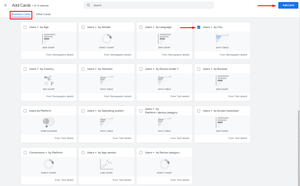 Google Analytics 4 Summary Card options with red arrows and boxes that show how to add the card to a report. Simply click the check box and click the Add Card button.