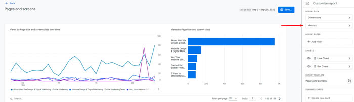 Google Analytics 4 reporting interface with a red arrow pointing to show how to add Metrics to Pages and screens report.