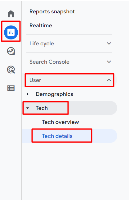 GA4 reporting menu showing how to get to the browser and OS report.