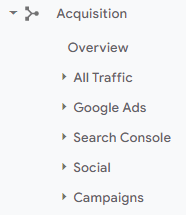 GA UA Acquisition navigation menu options.