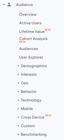 GA UA Audience report navigation menu. 