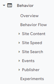 GA UA behavior report navigation menu.