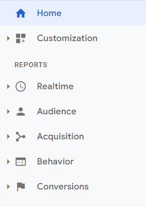 GA UA reporting navigation menu. 