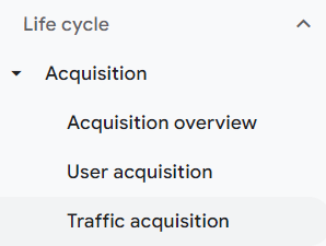 GA4 acquisition stage navigation menu.