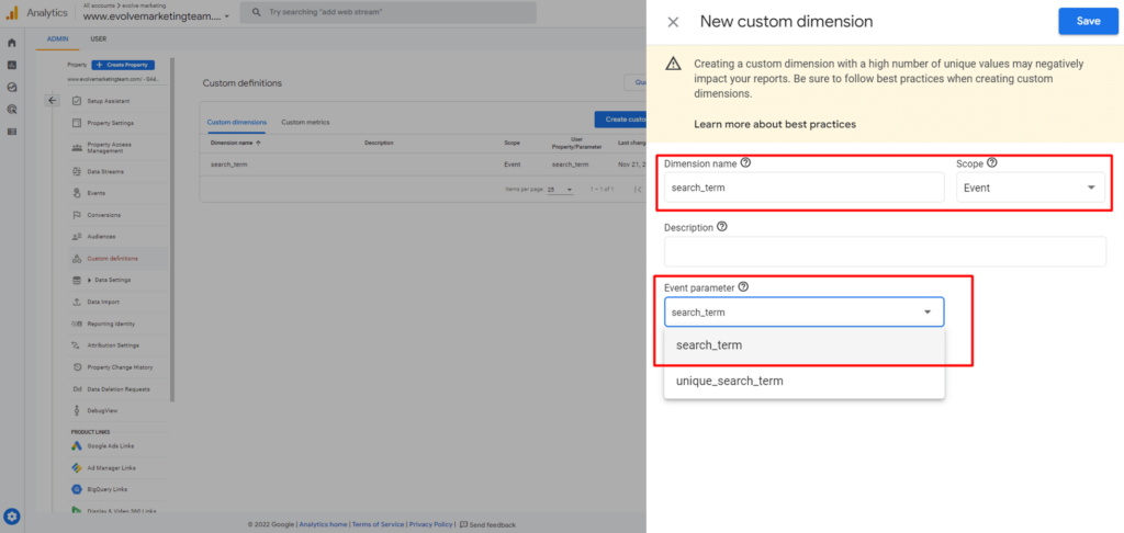 Creating a custom dimension in GA4 for site search tracking. 