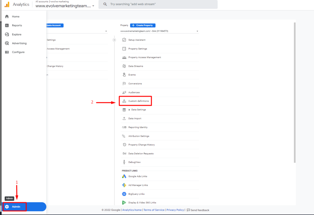 Red boxes highlighting how to navigate to custom definitions in the GA4 Admin. 