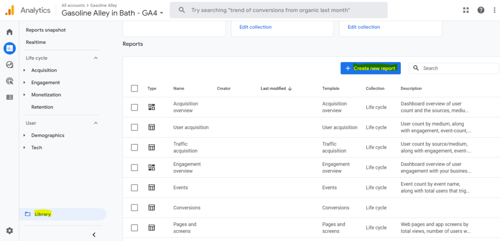 GA4 custom report library highlighting the library tab in the left navigation and  create a new report in yellow.