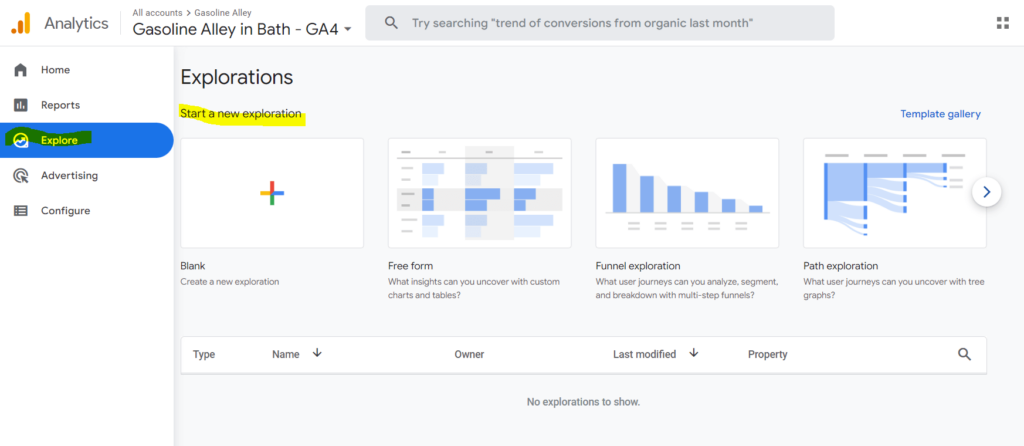 GA4 dashboard in exploration report with Explore tab highlighted in yellow and highlighting start a new exploration in yellow. 