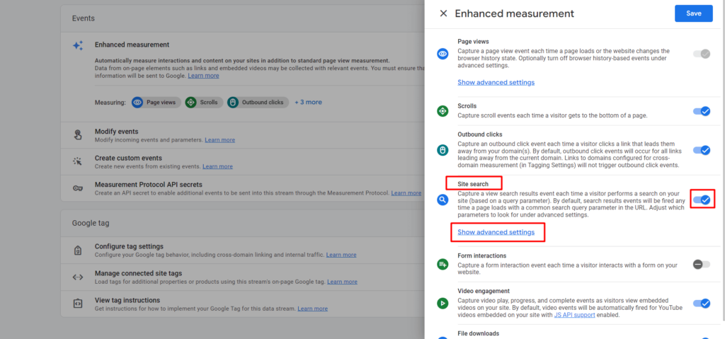 How to enable site search settings in GA4.