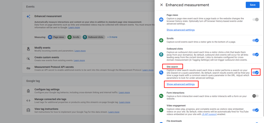How to enable site search settings in GA4. 