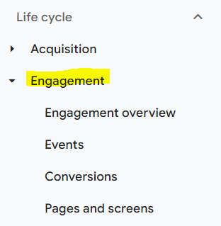 GA4 engagement report navigation menu highlighting the engagement reporting section in yellow. 