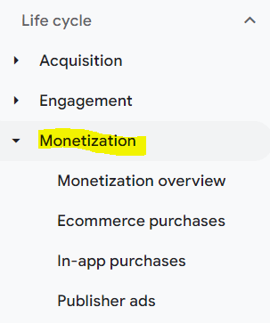 GA4 monetization report navigation menu highlighting the monetization report section in yellow.