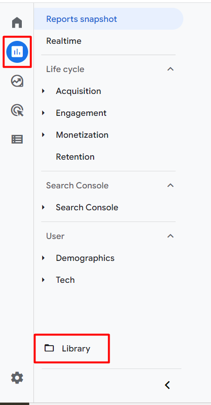 GA4 reports library and where to go to create custom reports. 