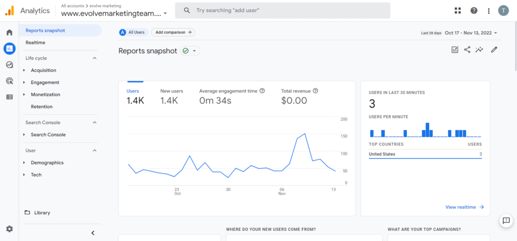 GA4 report snapshot page with blue line chart and a blue chart showing the users in the last 30 minutes. 