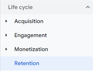 GA4 retention navigation menu highlighting the retention report in blue. 