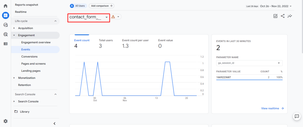 The Google Analytics 4 Events report. 