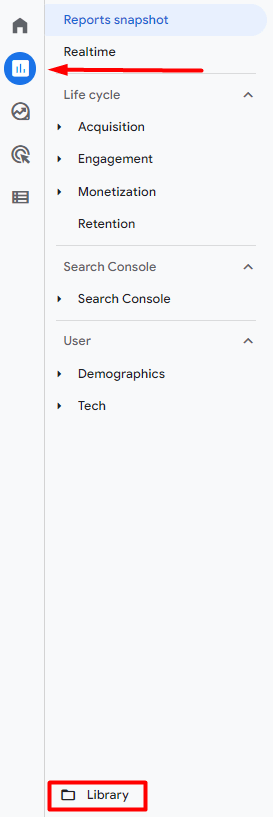 How to navigate to the library in GA4 by selecting Report interface and selecting Library.