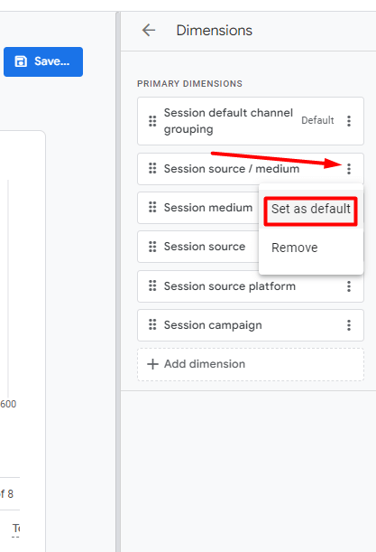 GA4 reporting interface displaying the dimensions panel and set as default selected for source/medium. 