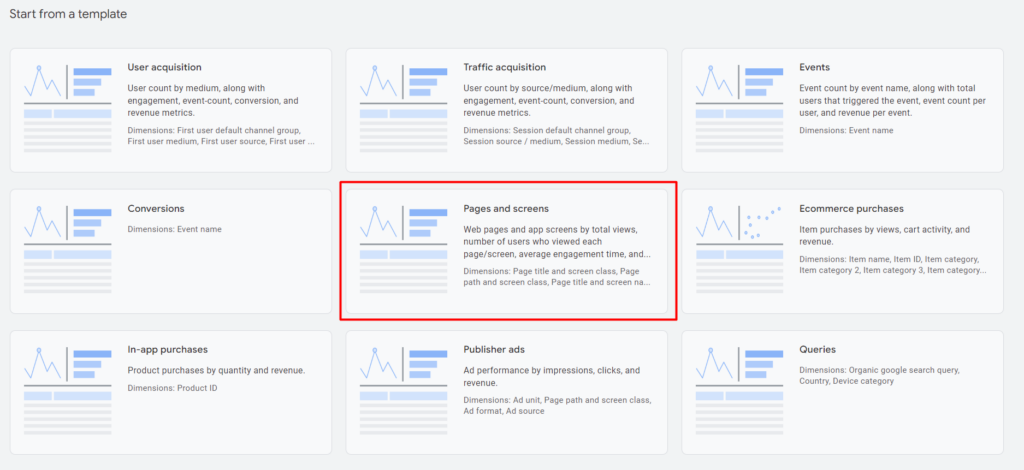 What the pages and screens template looks like and where to click on dimensions. 