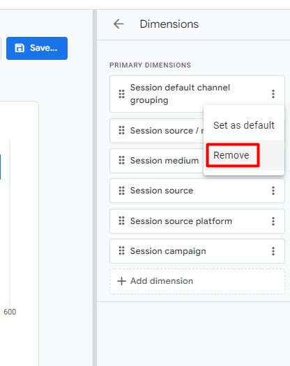 GA4 reporting interface showing how to remove a dimension from a report. 