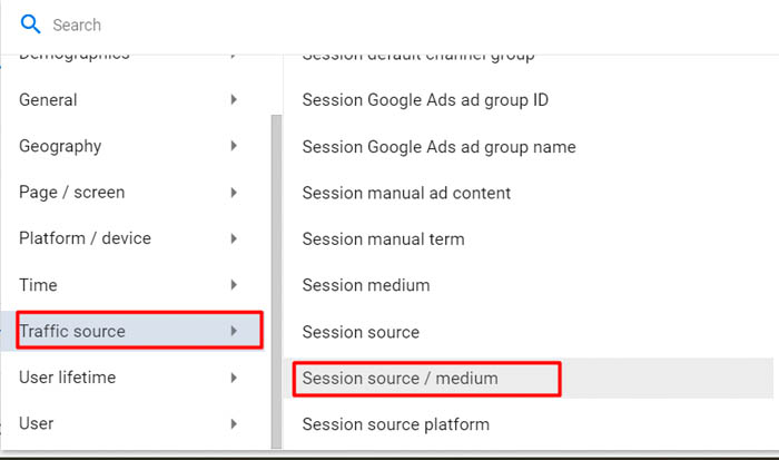 Find the session source medium dimension under traffic sources as a secondary dimension in the GA4 conversions report.