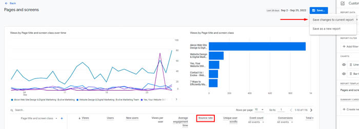 Google Analytics 4 reporting interface with a red arrow pointing to show how to save changes to your current report.