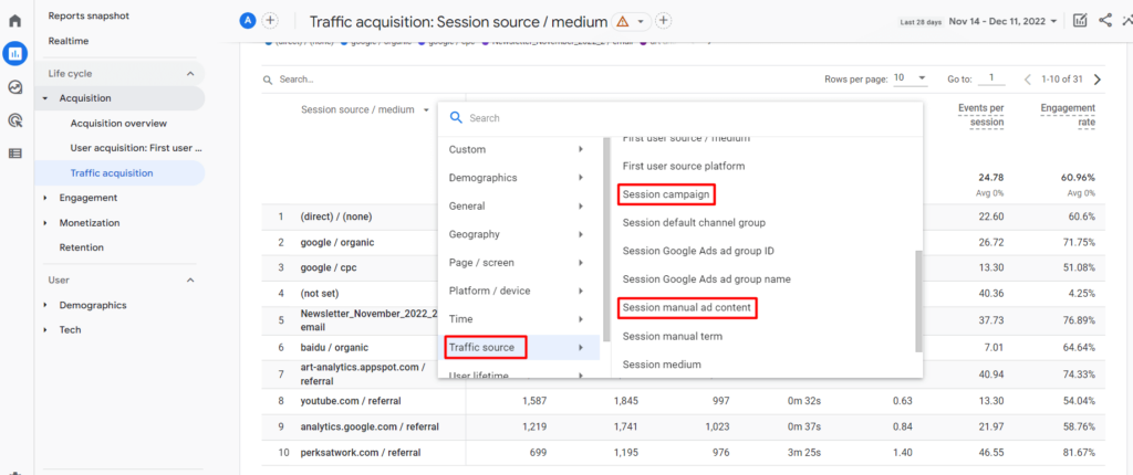 GA4 reporting chart with red arrows showing how to select the traffic sources Session campaign and Session manual ad content.