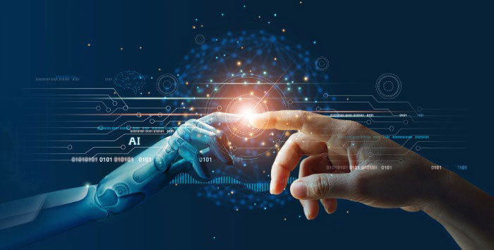 Robot index finger reaching out and touching a human index finger