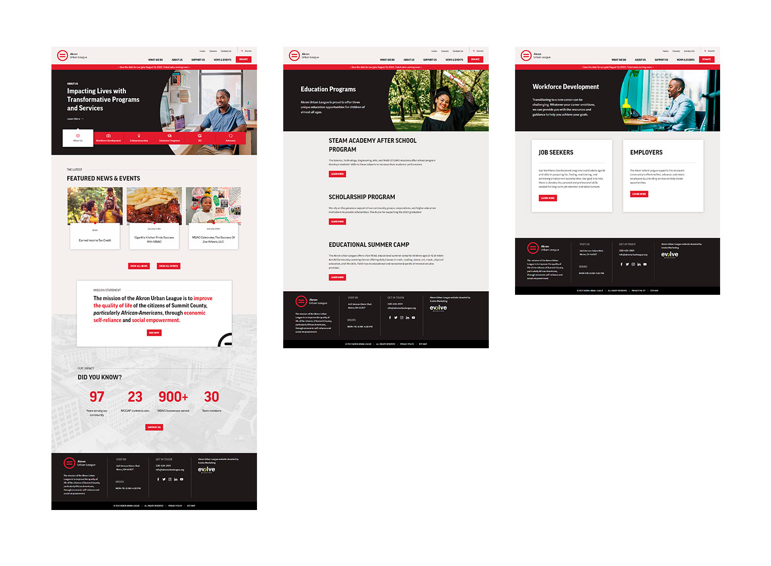 Three different layout images of Akron Urban League website