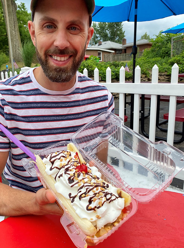 Donny enjoys a delicious banana split