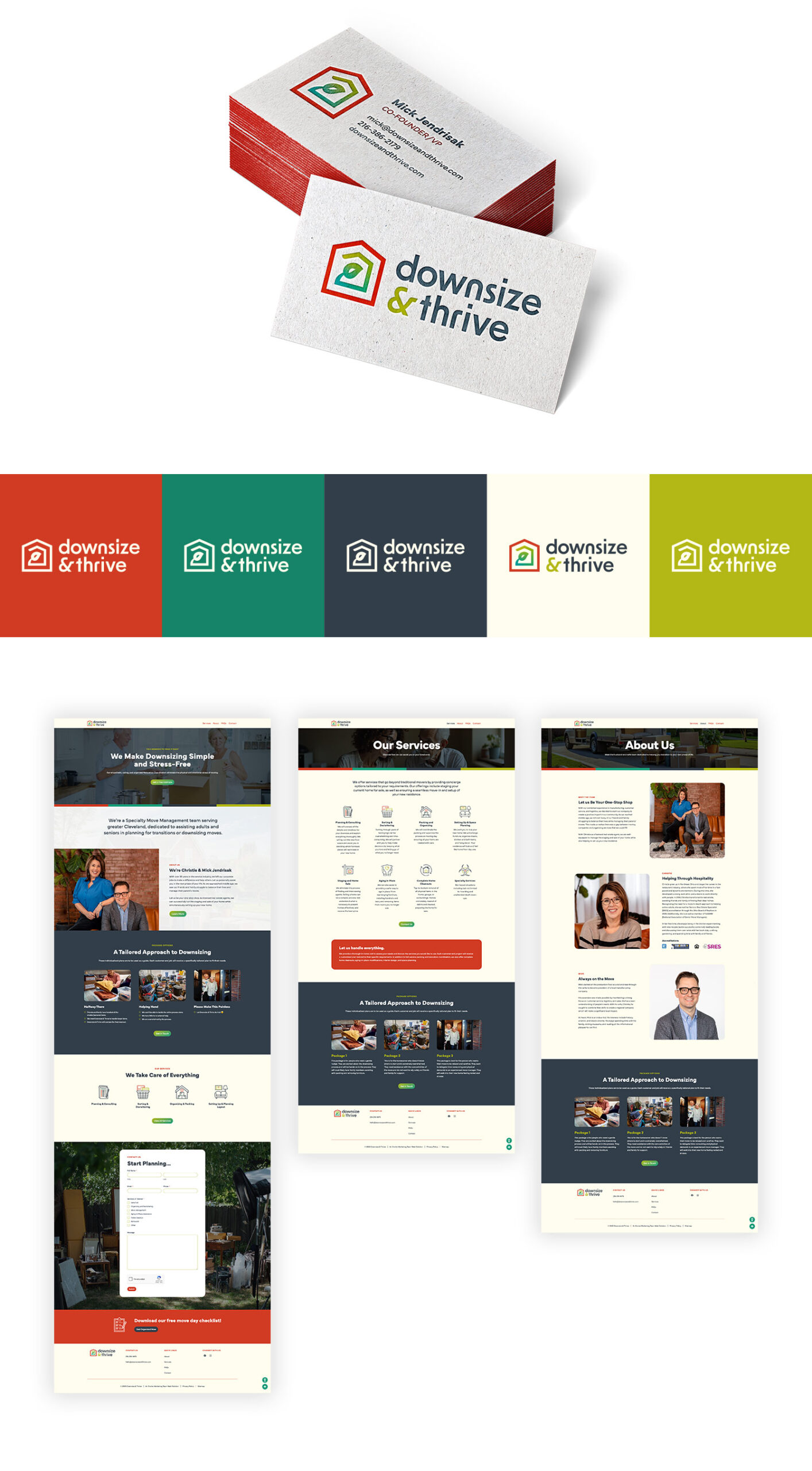 Downsize & Thrive custom logo, color pallet, and business cards created by Evolve Marketing. The logo icon features a green plant inside of a red home. Three screenshots of pages on the Downsize & Thrive website - the homepage, the Our Services page, and the About Us page.