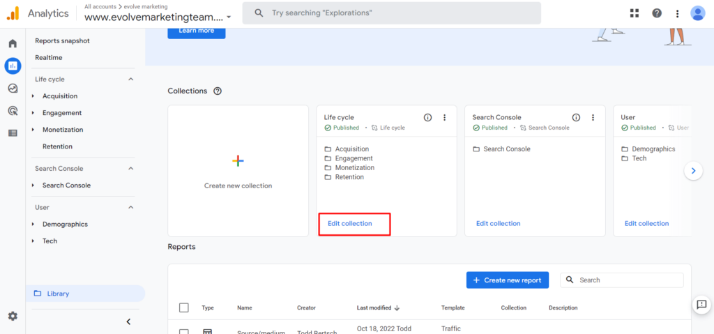 Where to click to edit the life cycle collection of reports. 