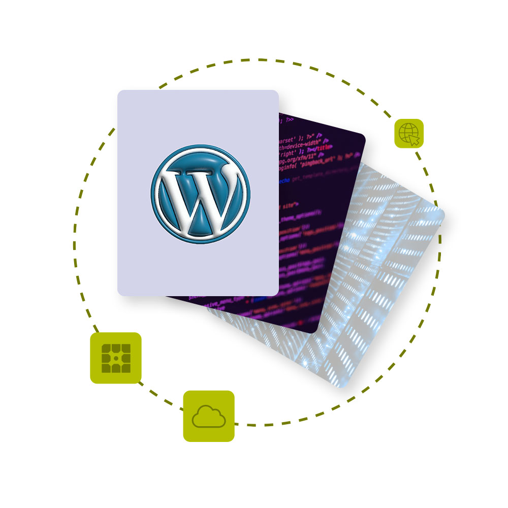 Wordpress logo, blurred lines of code, and a data center