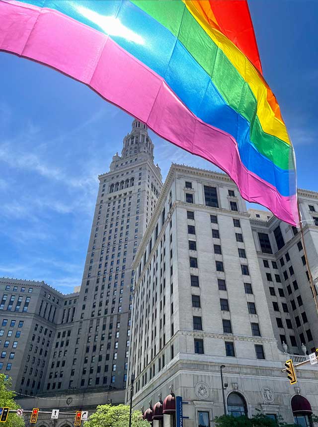 Pride flag waving in downtown