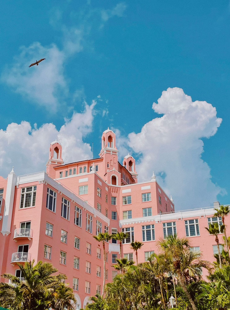 Pink hotel with clouds