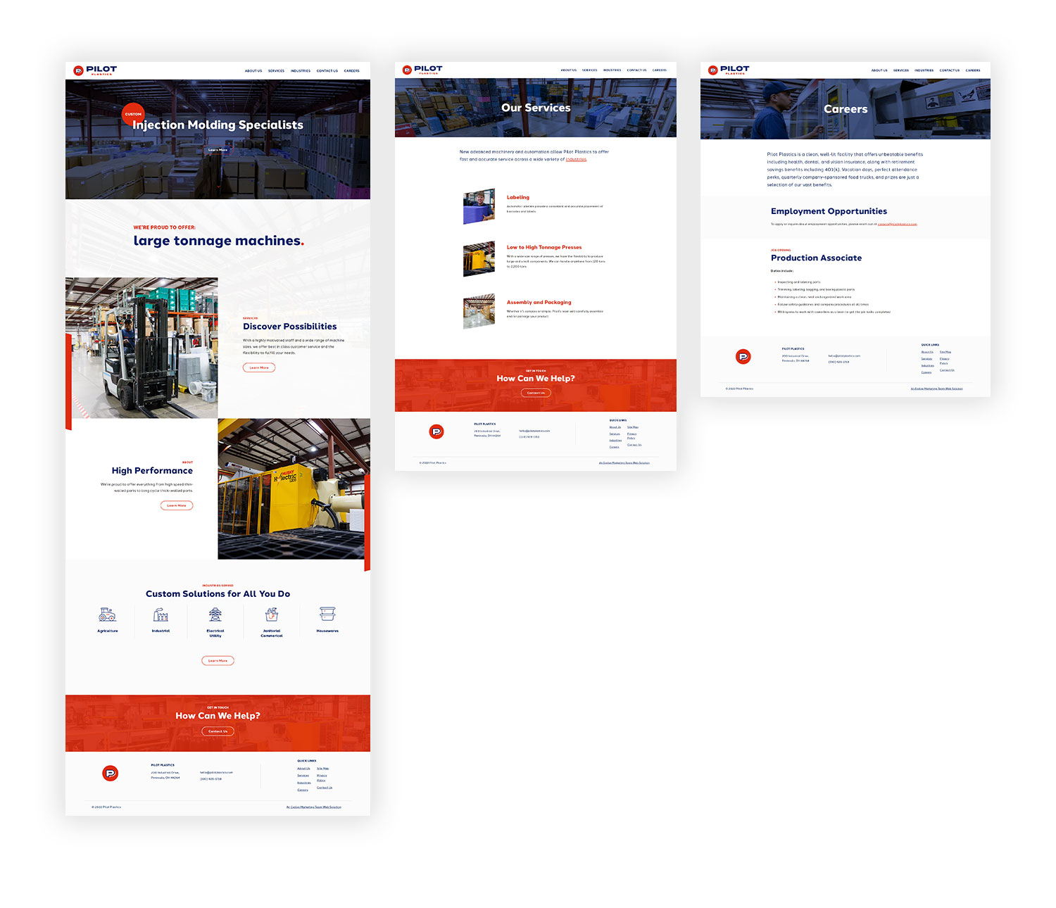 Three mockup images of Pilot Plastics website