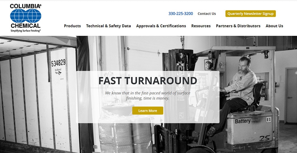 B2B web design for manufacturing company, Columbia Chemical.