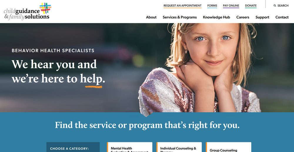Nonprofit web design portfolio example featuring Child Guidance & Family Solutions.