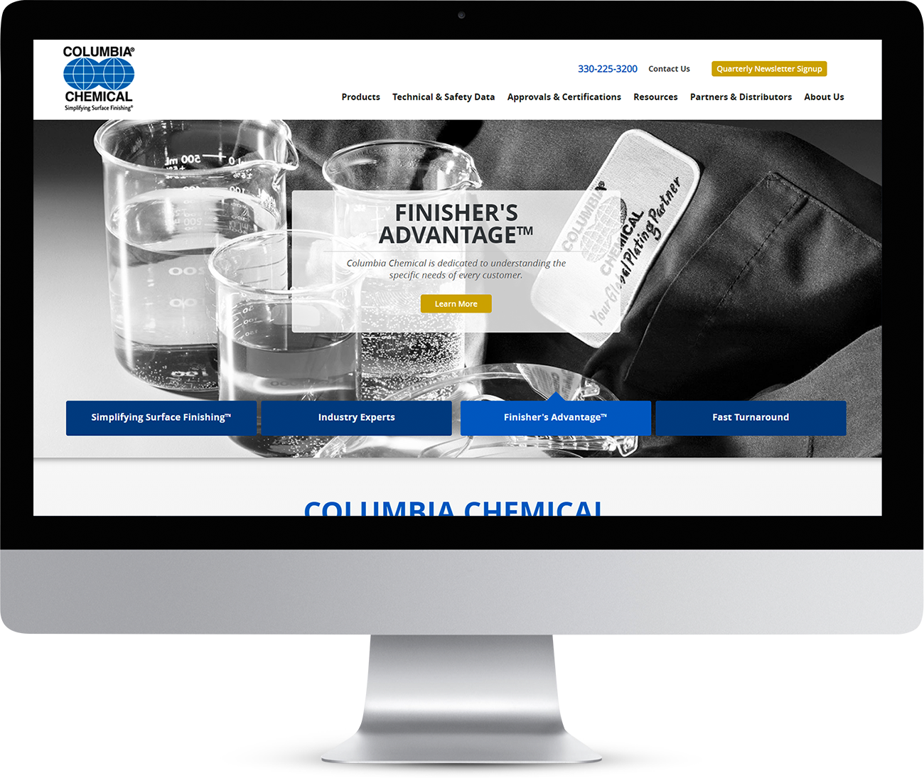 Columbia Chemical website homepage showing on a monitor screen