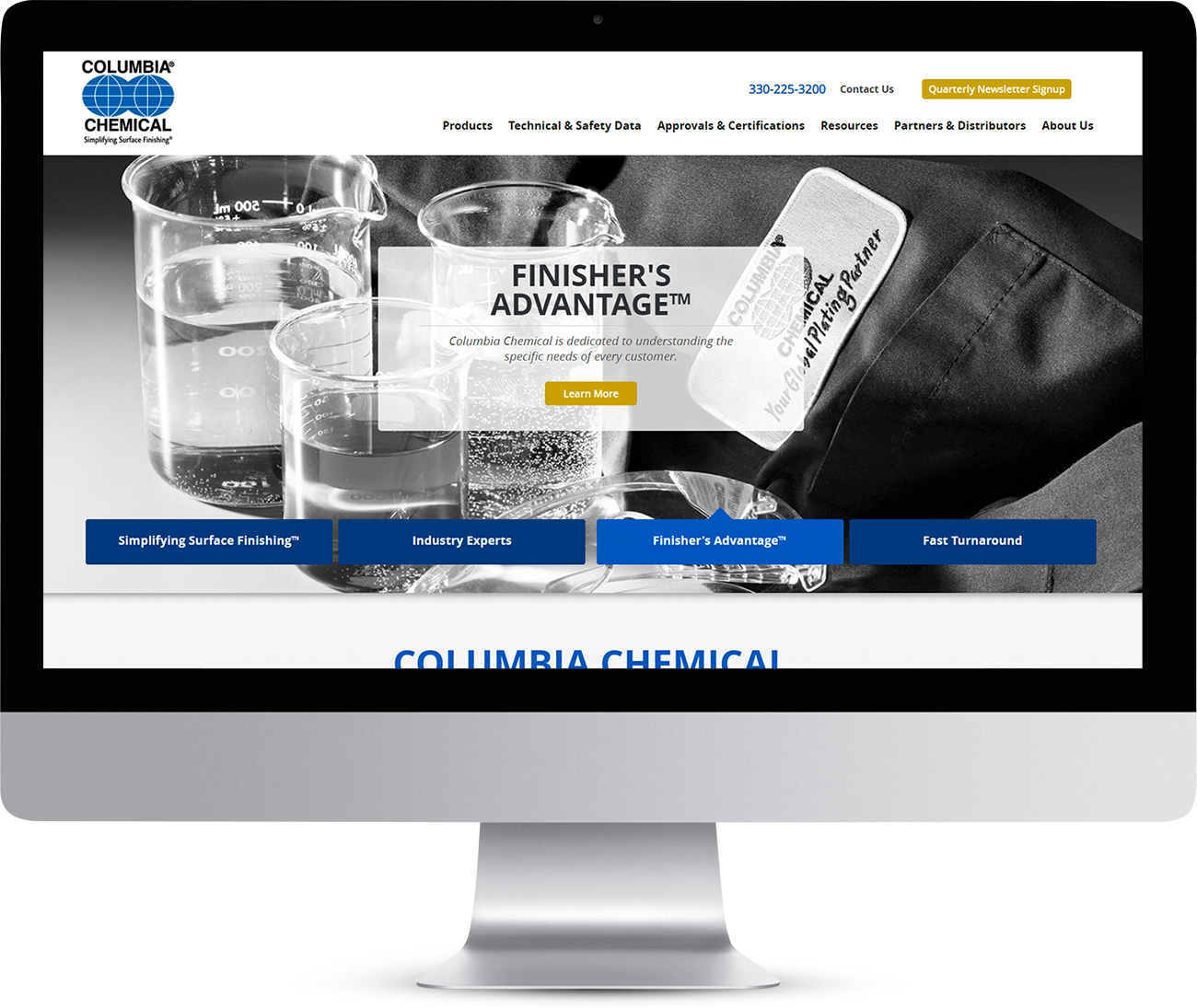 Columbia Chemical website homepage showing on a monitor screen