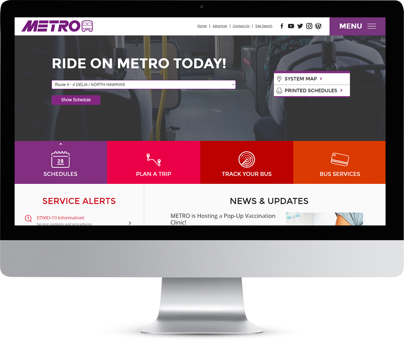 Akron Metro RTA homepage showing on a monitor screen