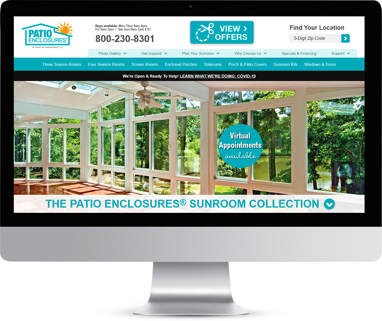 Patio Enclosures website homepage showing on a monitor screen