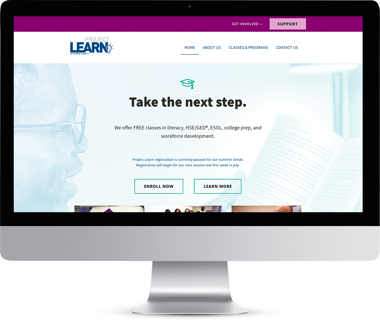 Project Learn website homepage showing on a monitor screen