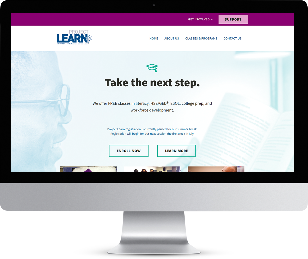 Project Learn website homepage showing on a monitor screen