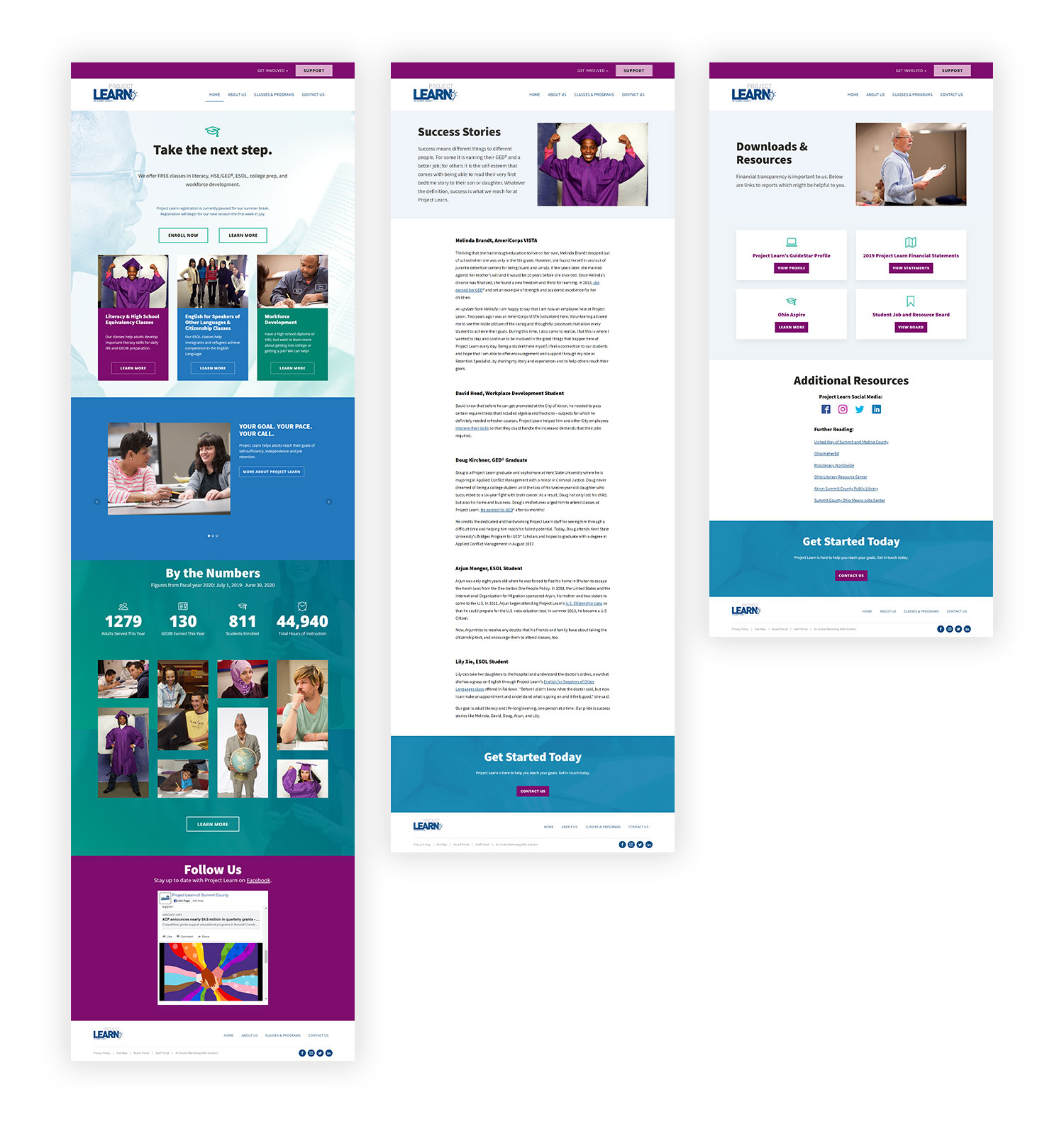 Three mockup images of Project Learn website