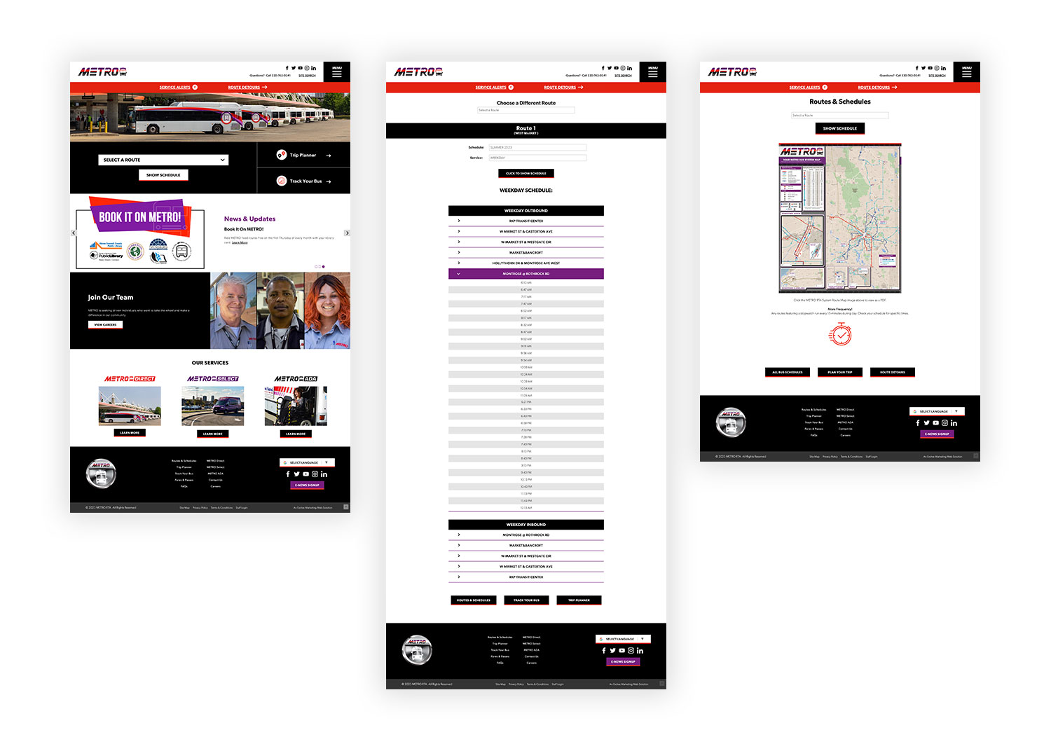 Three mockup images of Akron Metro RTA website