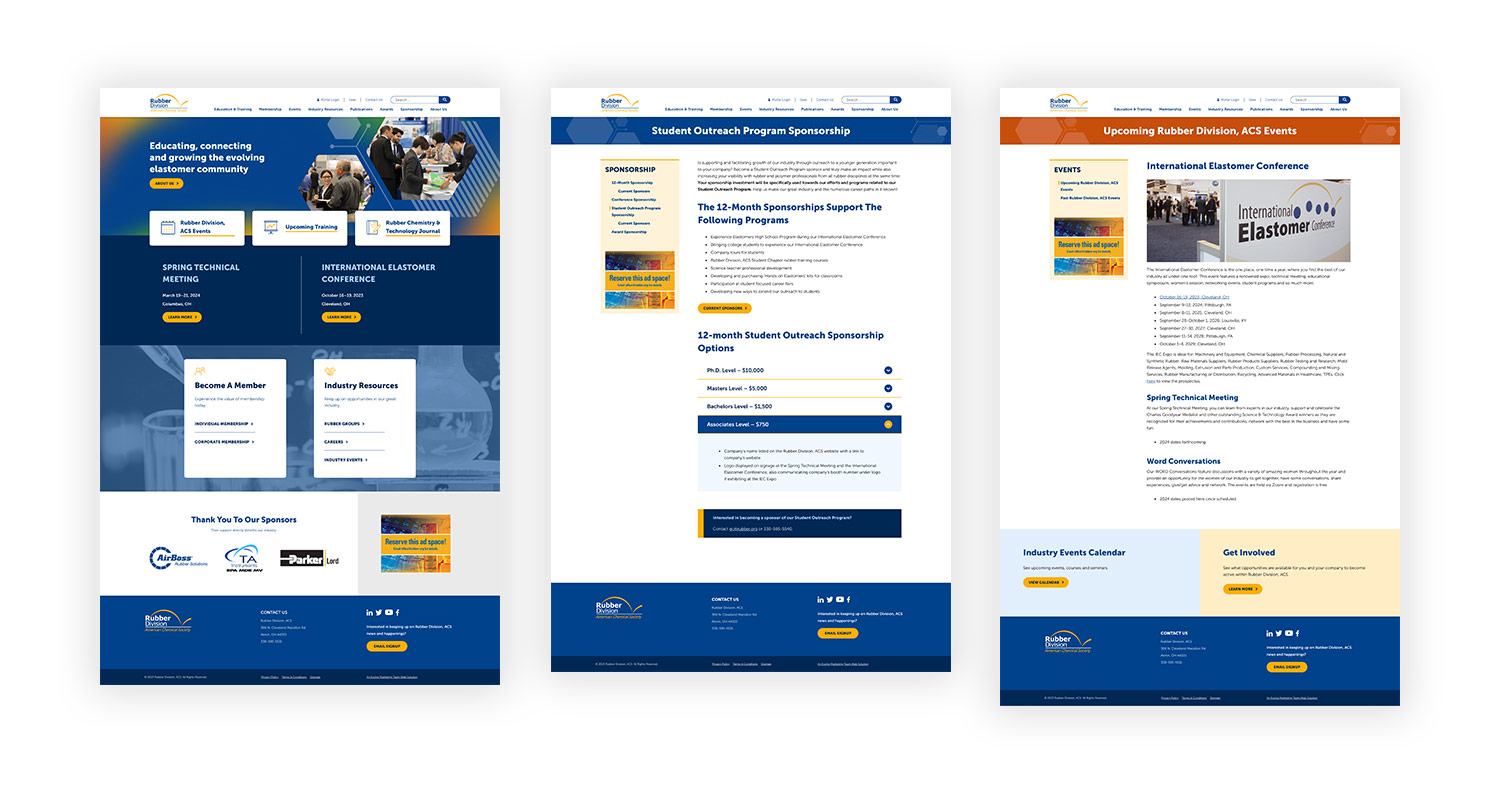 Three mockup images of Rubber Division website